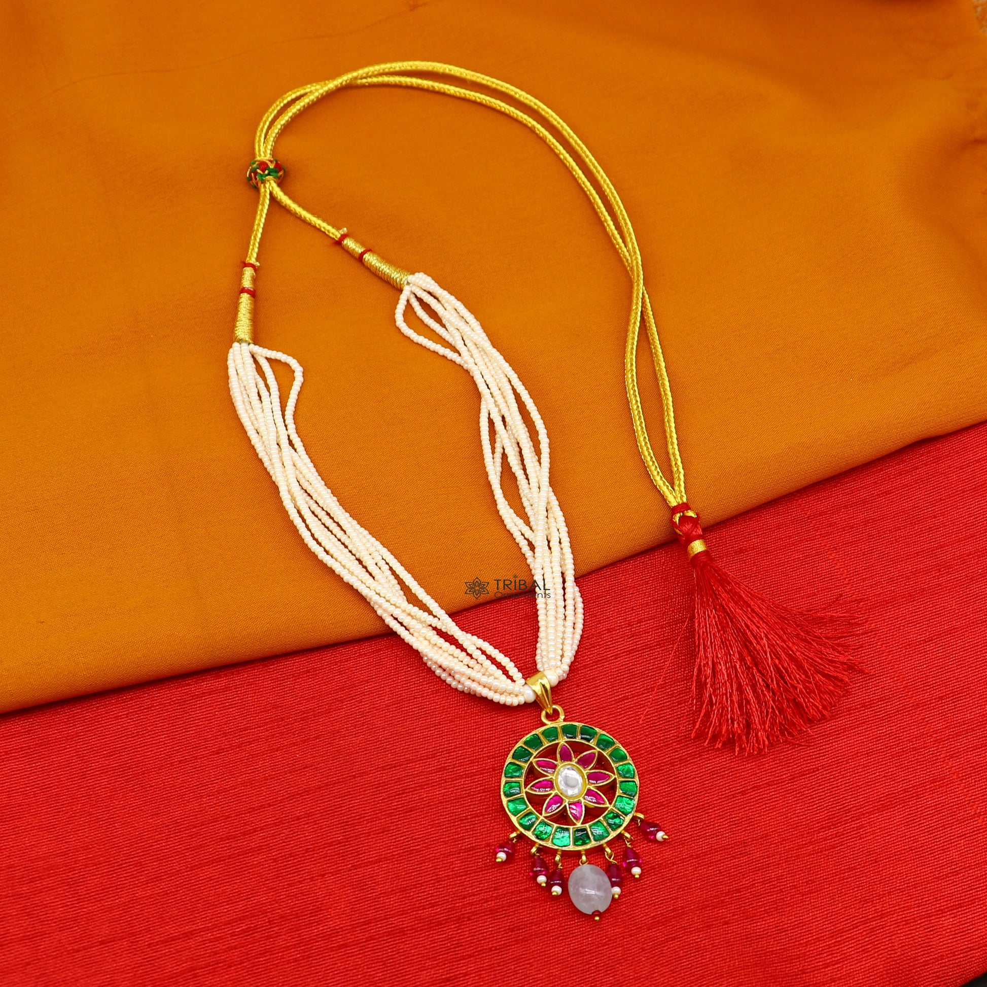 Sterling silver India traditional kundan work pendant necklace with multiline pearl strings, ideal for brides and cultural jewelry.