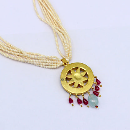 Sterling silver Indian traditional kundan work pendant necklace with multiline pearl strings, ideal for brides and cultural jewelry.