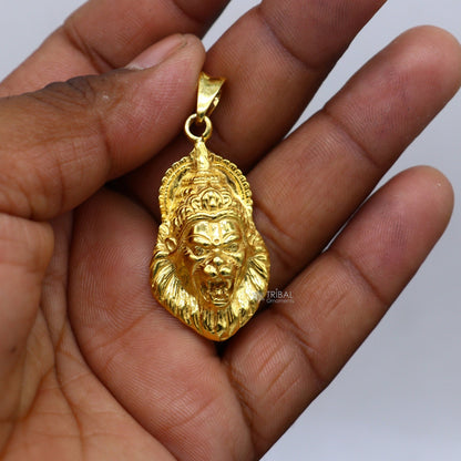 925 silver God Vishnu Narsimha pendant with gold polish, tribal-style jewelry, perfect for gifting or necklace accessory.