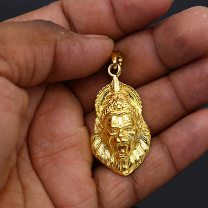 925 silver God Vishnu Narsimha pendant with gold polish, stylish religious jewelry, ideal for gifting, by TRIBAL ORNAMENTS.