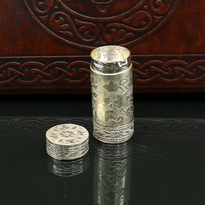Handmade 925 solid silver small tobacco and storage box by TRIBAL ORNAMENTS, featuring detailed silver craftsmanship.