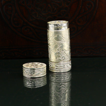 Handmade 925 solid silver small tobacco and storage box with fennel design, ideal for men's accessories and silver utensils.