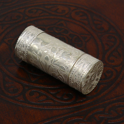 Handmade 925 solid silver small tobacco and storage box with intricate tribal ornament design, ideal for men's accessories and silver utensils.