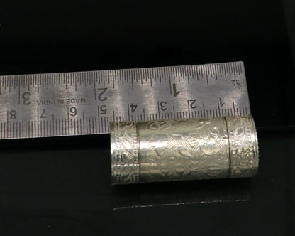 Small handmade silver tobacco box by TRIBAL ORNAMENTS, with intricate design, suitable for office or home storage.