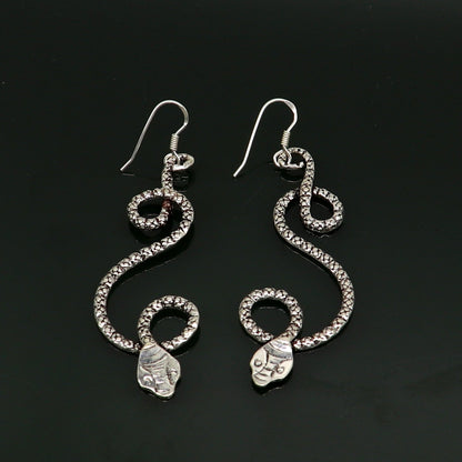 Sterling silver vintage-style snake design hoop earrings, dangle drop jewelry for brides and special occasions.
