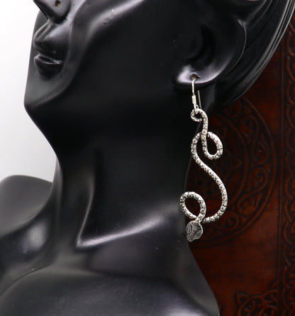 Sterling silver vintage-style snake design hoop earrings by TRIBAL ORNAMENTS, drop dangle earrings for brides and special occasions.