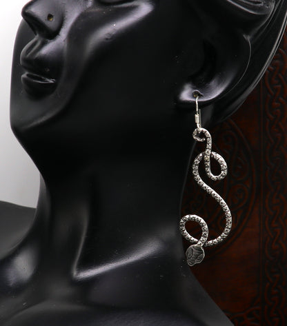 Sterling silver vintage-style snake design hoop earrings by TRIBAL ORNAMENTS, drop dangle wedding jewelry for brides.