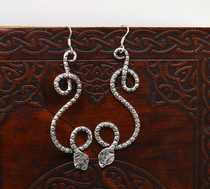 Sterling silver vintage-style snake design hoops earrings by TRIBAL ORNAMENTS, elegant drop dangle jewelry for brides and special occasions.