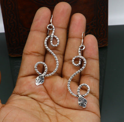 Sterling silver vintage-style snake design hoops earrings by TRIBAL ORNAMENTS, elegant drop dangle jewelry for brides and special occasions.