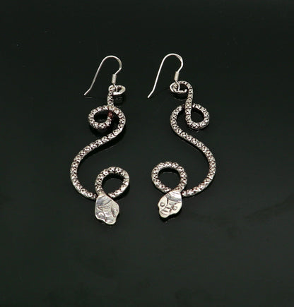 Sterling silver vintage snake design hoop earrings by TRIBAL ORNAMENTS, drop dangle style perfect for brides and special occasions.