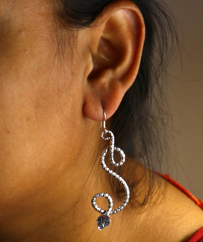 Sterling silver vintage-style snake design hoop earrings by TRIBAL ORNAMENTS, bridal drop dangle jewelry for weddings.
