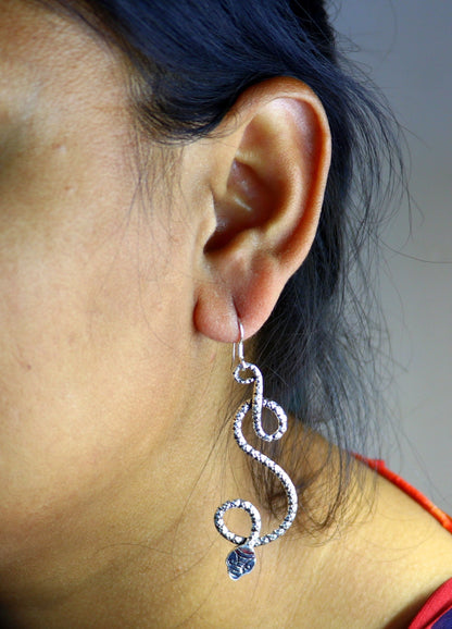 Sterling silver vintage-style snake design hoop earrings by TRIBAL ORNAMENTS, drop dangle jewelry for bridal or special occasions