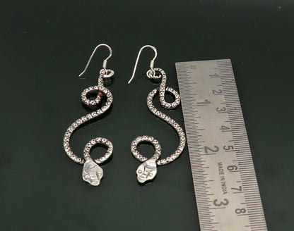 Sterling silver vintage-style snake design hoop earrings by TRIBAL ORNAMENTS, drop dangle bridal wedding jewelry for women.