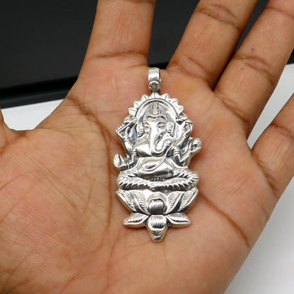 Sterling silver Ganesha pendant necklace, featuring a detailed idol design, stylish and customized by TRIBAL ORNAMENTS.
