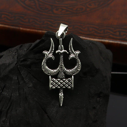 925 pure silver Shiva trident pendant from Tribal Ornaments, featuring a handmade trishul design for stylish daily jewelry wear.