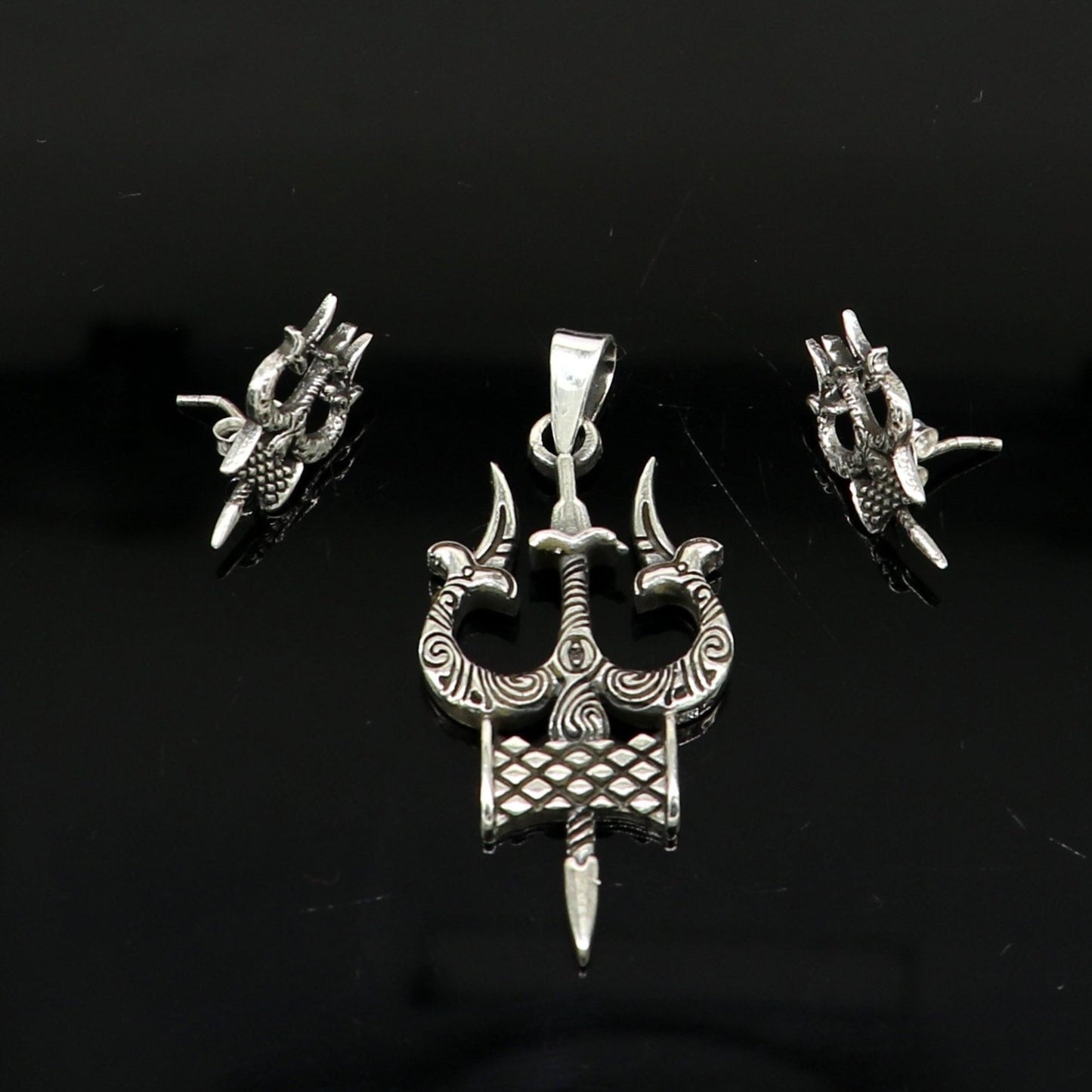 925 pure silver handmade idol shiva trident trishul shape designer stylish pendant and stud set, amazing gifting daily use jewelry ssp335 - TRIBAL ORNAMENTS