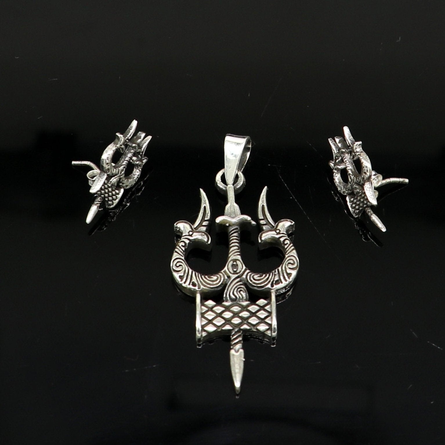 925 pure silver handmade idol shiva trident trishul shape designer stylish pendant and stud set, amazing gifting daily use jewelry ssp335 - TRIBAL ORNAMENTS