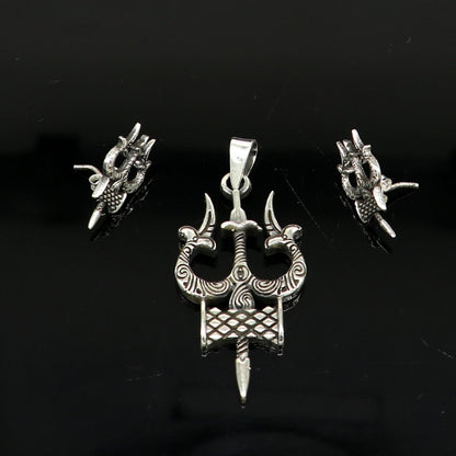 925 silver Shiva trident pendant and stud set by TRIBAL ORNAMENTS, featuring handmade idol design for daily wear and gifting.