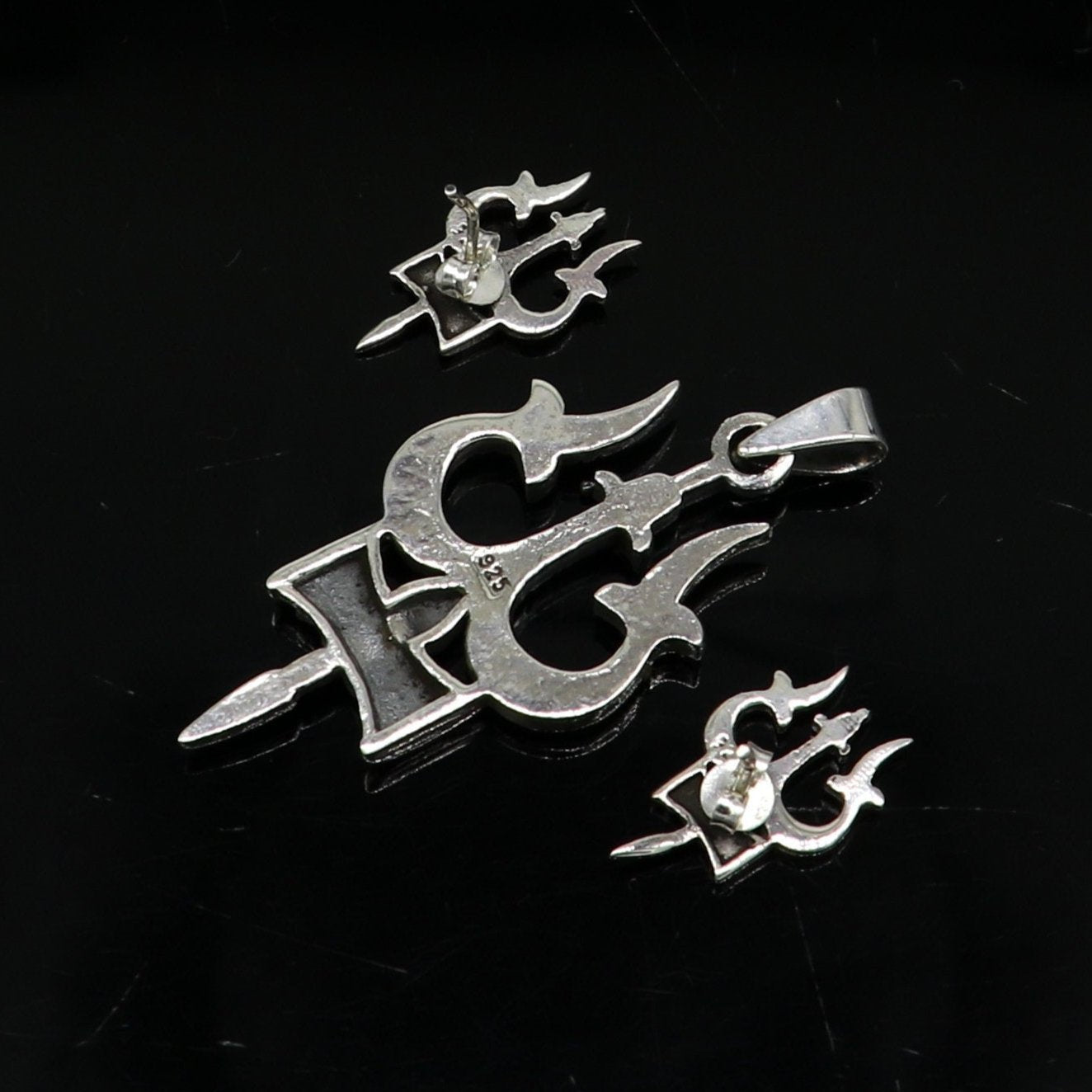 925 pure silver handmade idol shiva trident trishul shape designer stylish pendant and stud set, amazing gifting daily use jewelry ssp335 - TRIBAL ORNAMENTS
