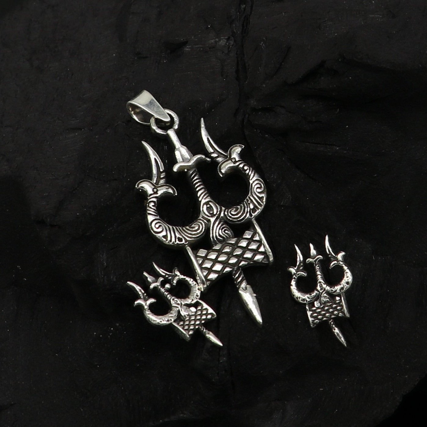 925 pure silver handmade idol shiva trident trishul shape designer stylish pendant and stud set, amazing gifting daily use jewelry ssp335 - TRIBAL ORNAMENTS