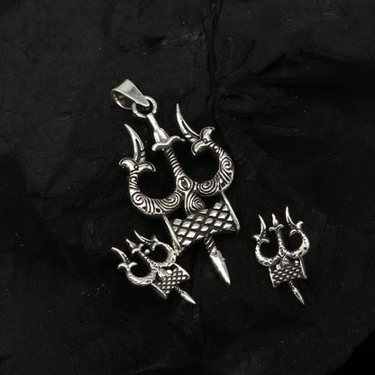 925 pure silver Shiva idol trident pendant and stud set by TRIBAL ORNAMENTS, featuring handmade traditional jewelry design.