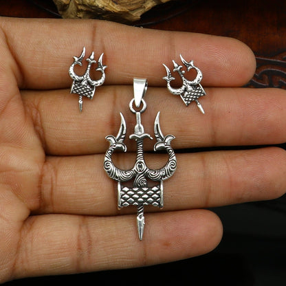 925 silver Shiva idol trident pendant and stud set, handmade designer jewelry by TRIBAL ORNAMENTS, perfect for daily wear and gifting.