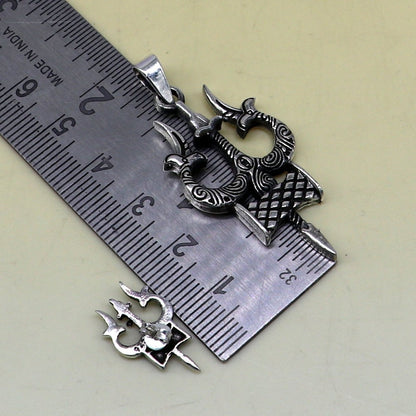 925 pure silver Shiva idol trident pendant and stud set, handmade designer jewelry by TRIBAL ORNAMENTS, perfect for daily wear and gifting.