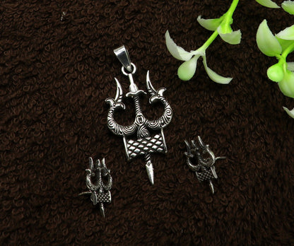 925 pure silver Shiva idol trident pendant and stud set by TRIBAL ORNAMENTS, featuring handmade designer trishul jewelry.