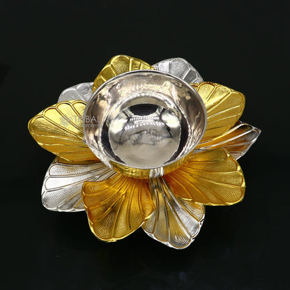 925 pure silver flower design oil lamp by Tribal Ornaments, decorative silver diya for home temple and spiritual decor.