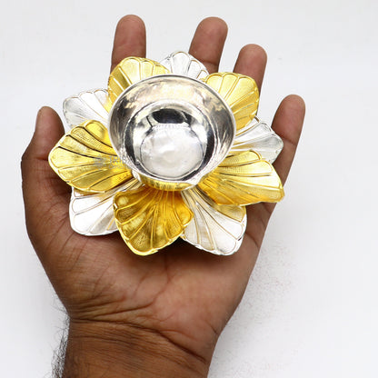 925 pure silver flower design oil lamp diya by Tribal Ornaments, decorative silver temple utensil with intricate floral details.