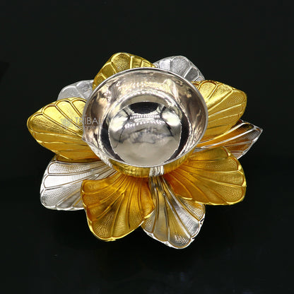 925 pure silver flower design oil lamp, handmade silver diya for home temple, decorative silver art by TRIBAL ORNAMENTS