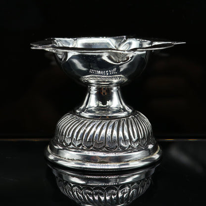 Sterling silver oil lamp with chitai and kandrai work design, traditional silver Deepak for puja and temple decoration.