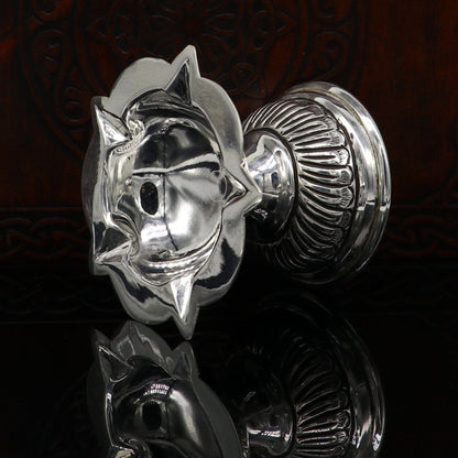 Sterling silver oil lamp with chitai and kandrai work, traditional deepak design, ideal for puja and temple decor, artifact by TRIBAL ORNAMENTS.