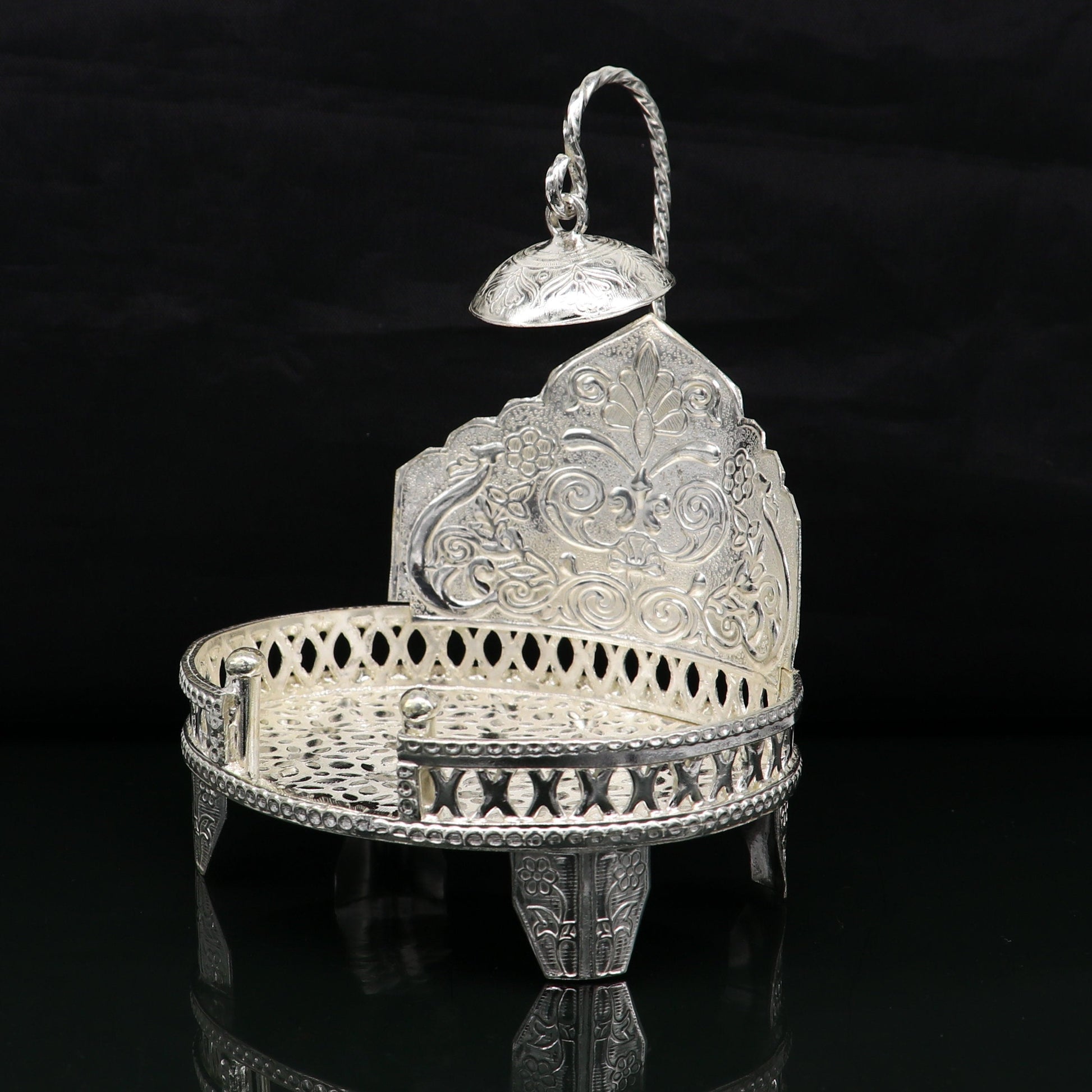 925 pure sterling silver handcrafted  sinhasan, idol krishna Bal Gopala throne, god statue's stand chair, temple art puja article su184 - TRIBAL ORNAMENTS