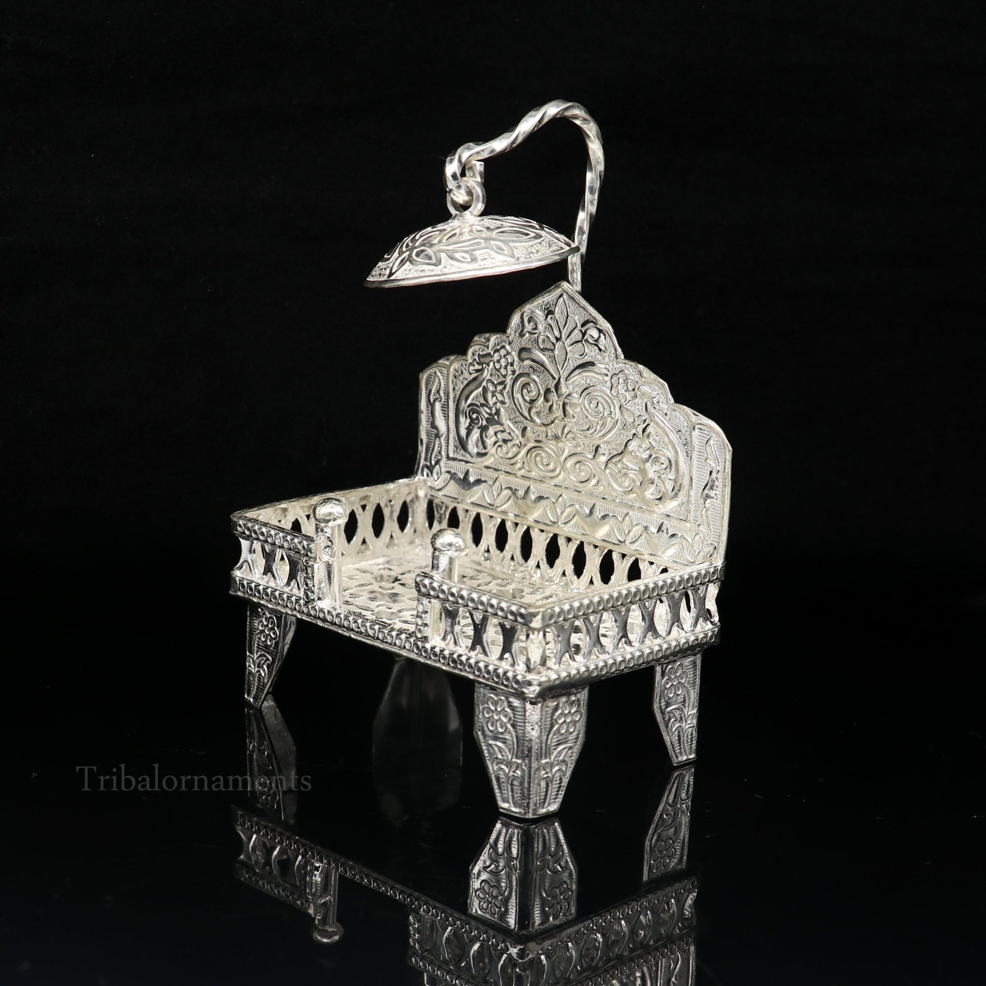 925 pure sterling silver handcrafted small singhasan, idol krishna Bal Gopala throne, god statue's stand chair, temple puja article su454 - TRIBAL ORNAMENTS