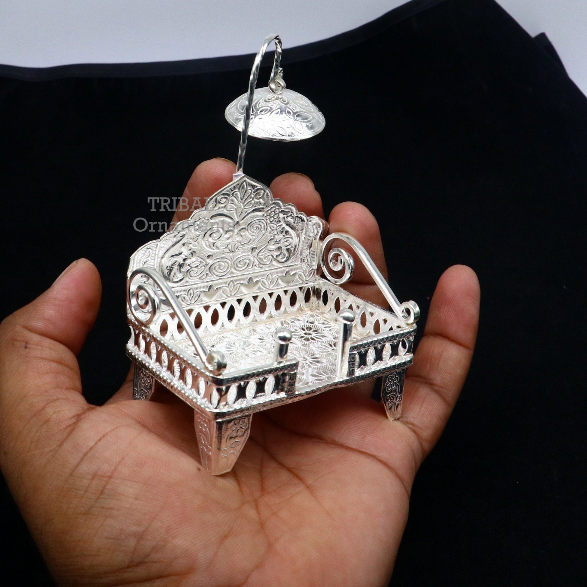 925 pure sterling silver handcrafted small singhasan, idol krishna Bal Gopala throne, god statue's stand chair, temple puja article su782 - TRIBAL ORNAMENTS