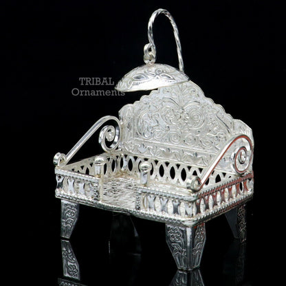 925 pure sterling silver handcrafted small singhasan, idol krishna Bal Gopala throne, god statue's stand chair, temple puja article su782 - TRIBAL ORNAMENTS