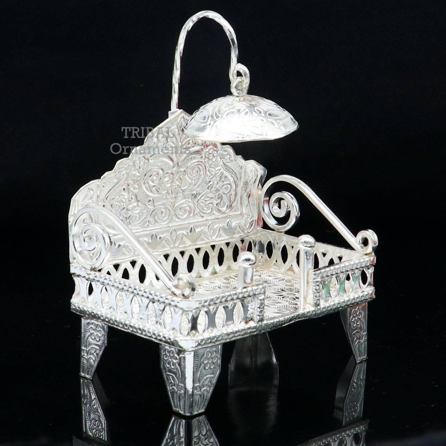 925 pure sterling silver handcrafted small singhasan, idol krishna Bal Gopala throne, god statue's stand chair, temple puja article su782 - TRIBAL ORNAMENTS
