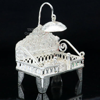 925 pure sterling silver handcrafted small singhasan, idol krishna Bal Gopala throne, god statue's stand chair, temple puja article su782 - TRIBAL ORNAMENTS
