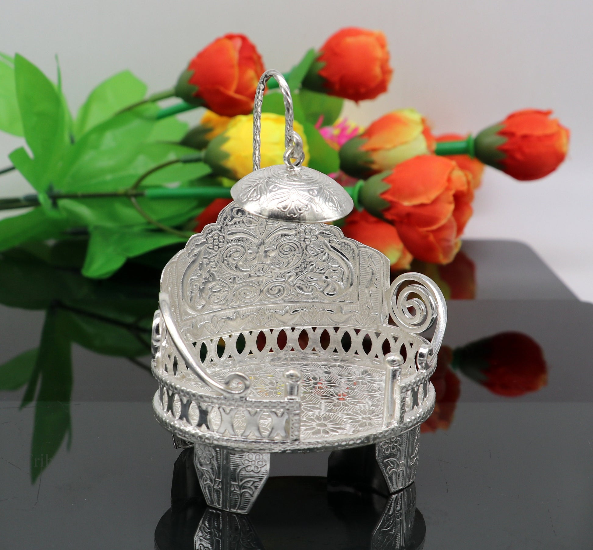 925 pure sterling silver Handmade Divine Singhasan, idol krishna Bal Gopala throne, god statue's stand chair, temple art puja article su485 - TRIBAL ORNAMENTS