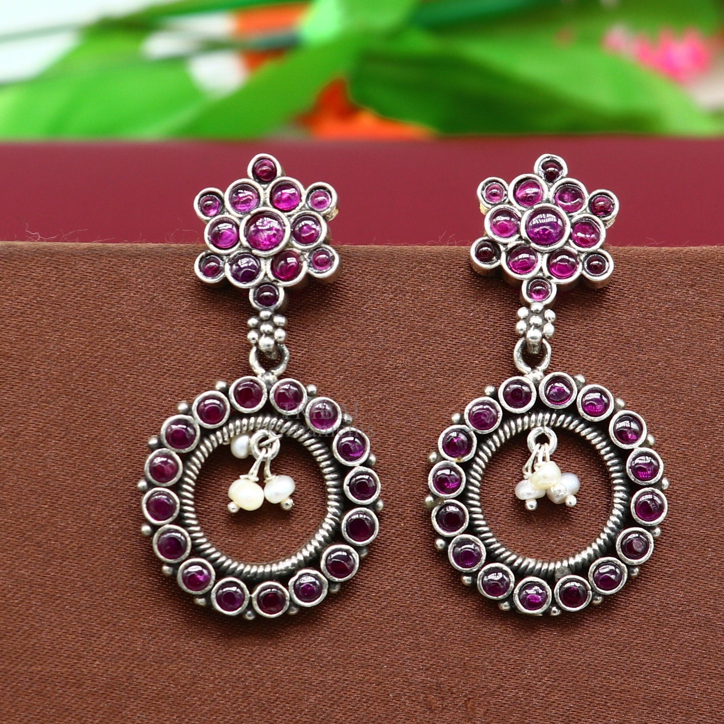 925 silver trendy drop earrings featuring red beads and pearls, with round stud and dangler design by TRIBAL ORNAMENTS.