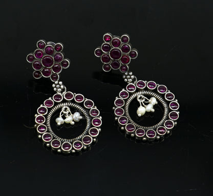 925 silver trendy stud drop earring with red beads and pearl, featuring round dangle design, ideal for gifting by TRIBAL ORNAMENTS.