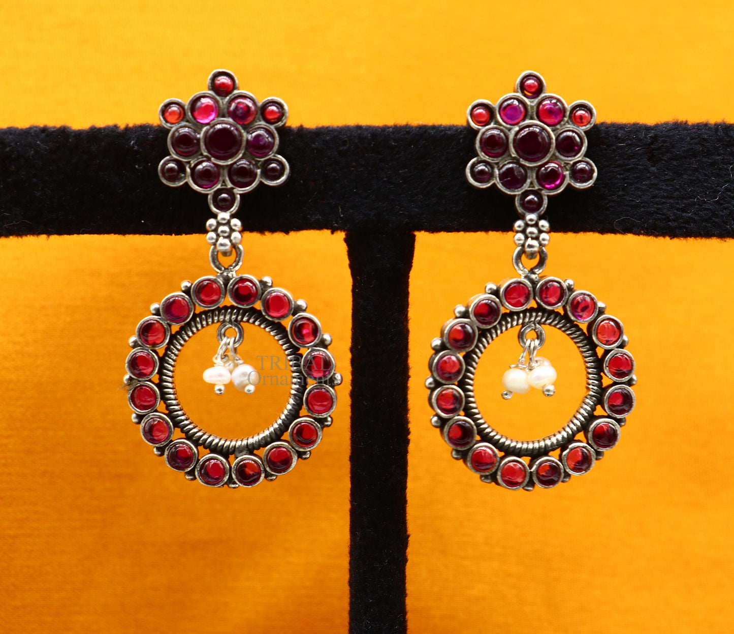 925 silver trendy stud drop earring with red beads and pearl, featuring a round design, by TRIBAL ORNAMENTS.