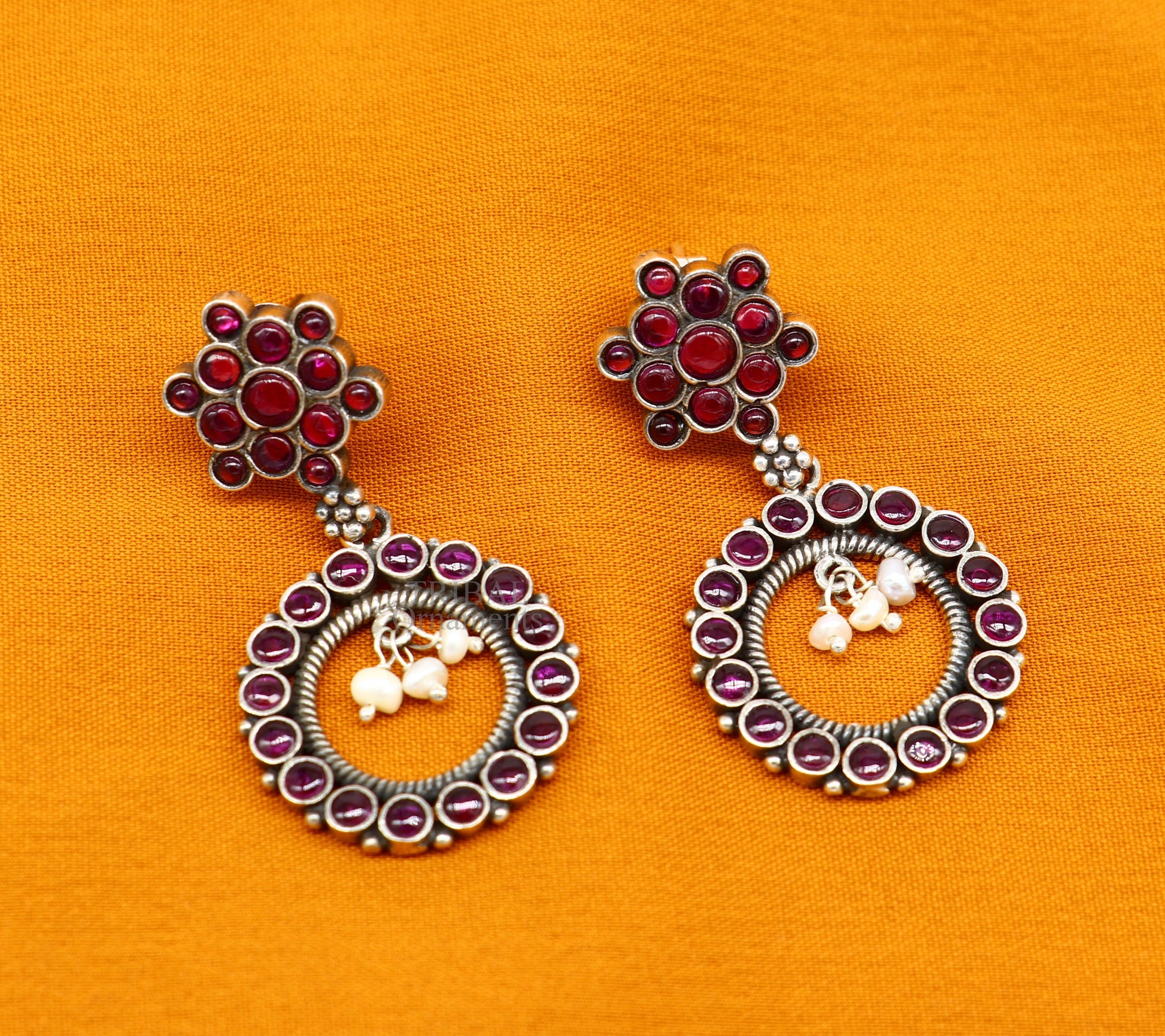 925 silver trendy stud drop earring with red beads and pearl, featuring a round design, by TRIBAL ORNAMENTS.