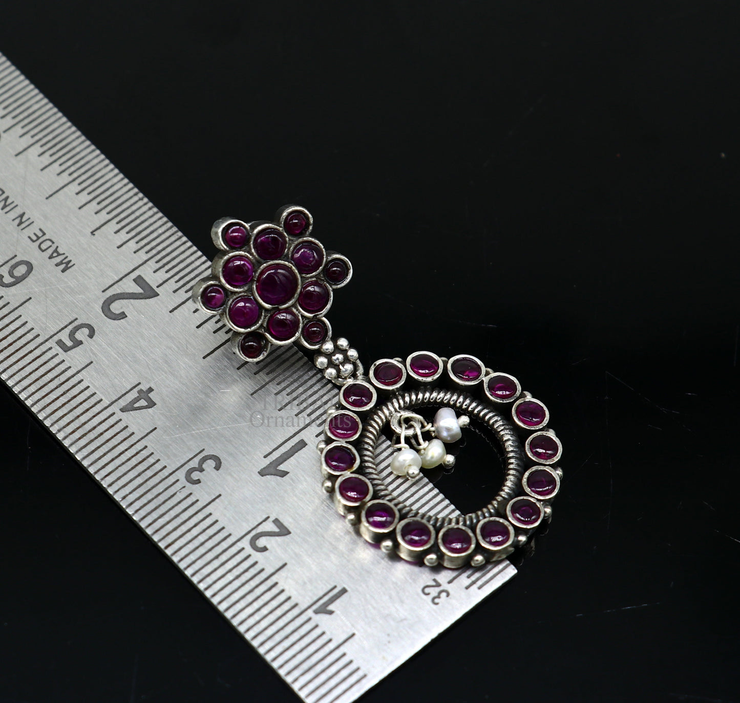 925 silver trendy stud drop earrings with round design, red beads, and pearl accents from TRIBAL ORNAMENTS.