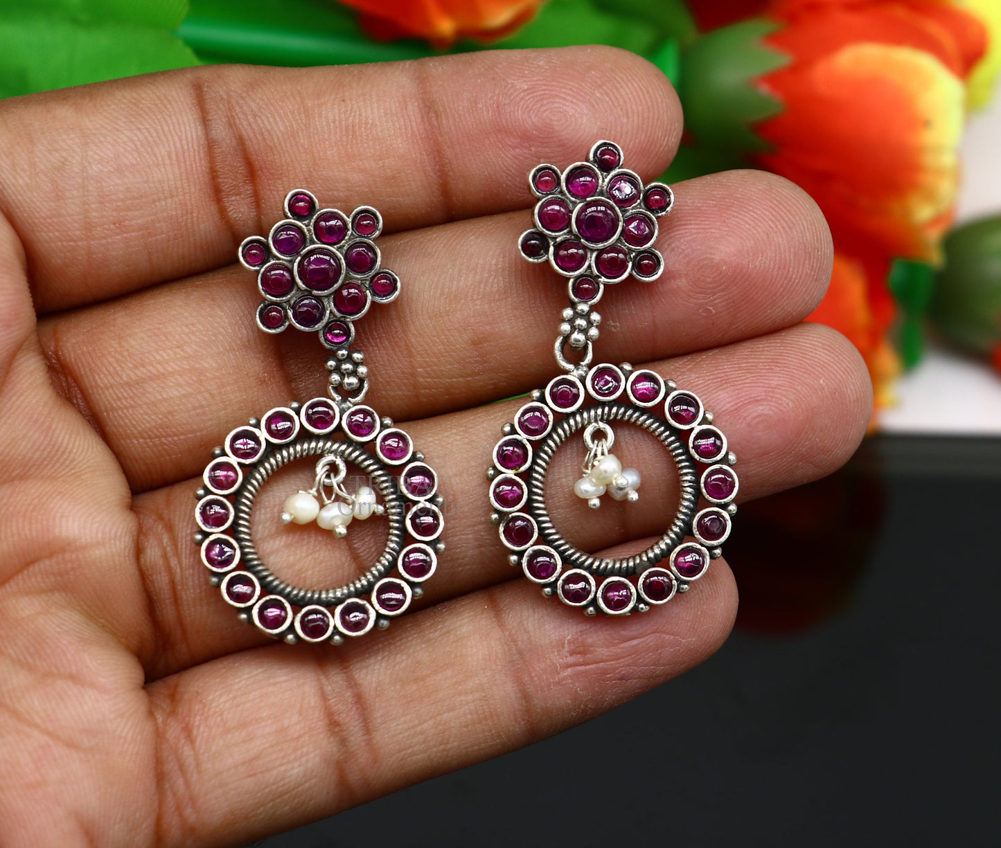 Tribal Ornaments 925 silver stud and dangler round earring with red beads and pearl, stylish jewelry for gifting.