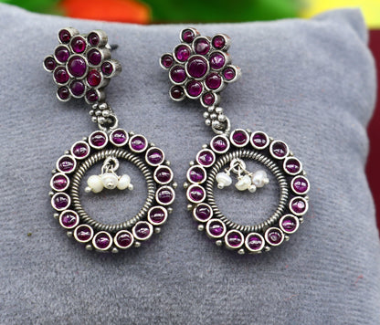 925 silver trendy stud drop earring with red beads and pearl, featuring round design and dangler style from TRIBAL ORNAMENTS.