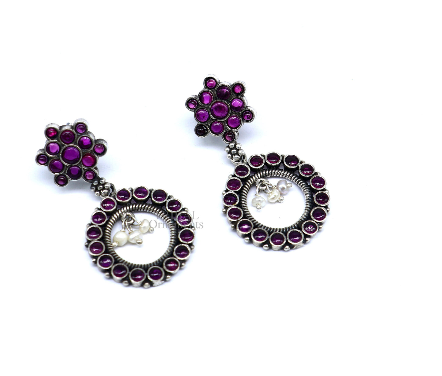 925 silver trendy stud drop earrings with red beads and pearls, featuring round dangle design from TRIBAL ORNAMENTS.