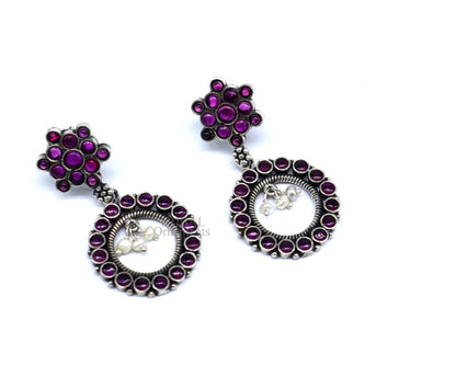 925 silver trendy stud drop earrings with red beads and pearls, featuring round dangle design from TRIBAL ORNAMENTS.