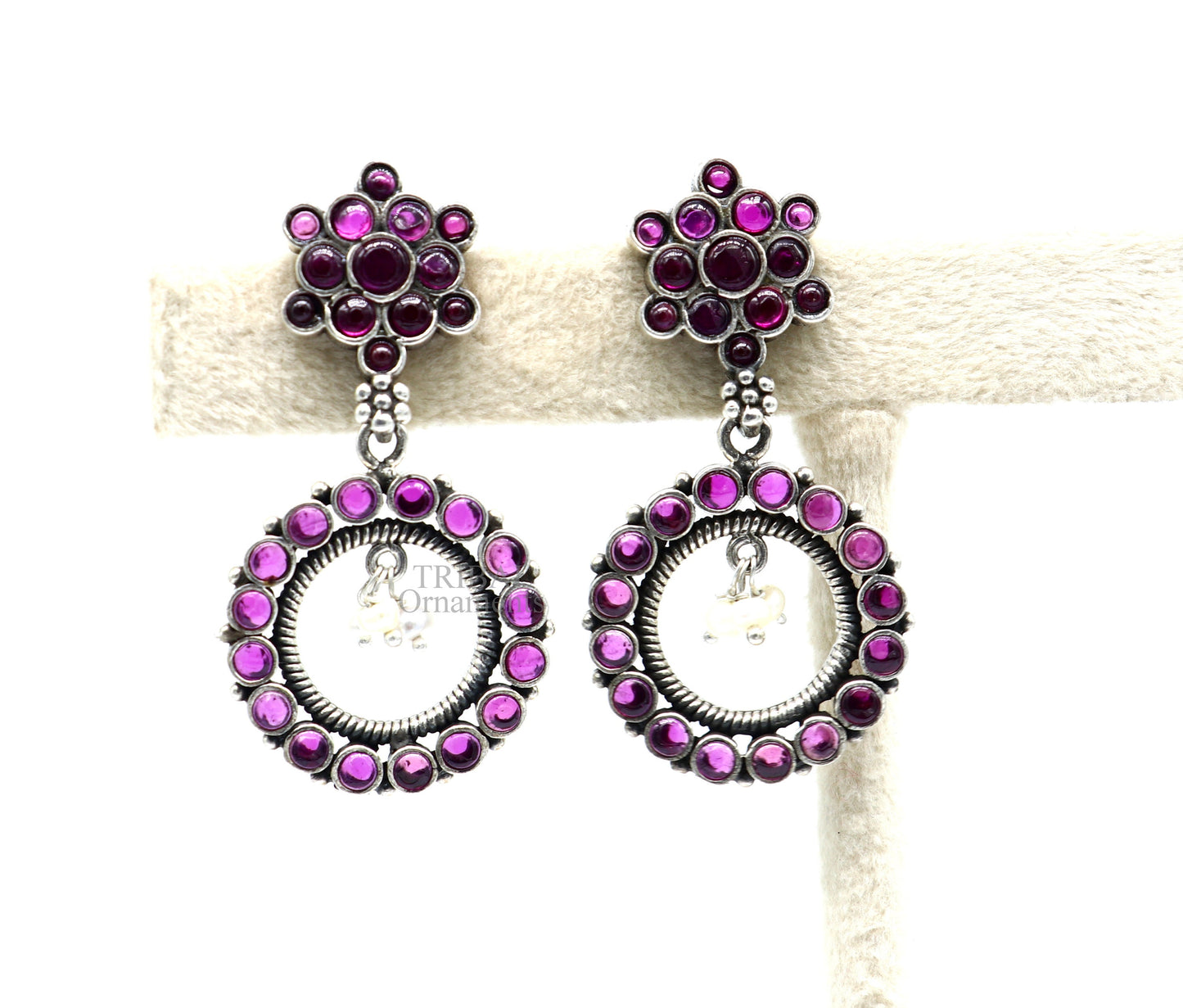 Tribal Ornaments 925 silver dangle earrings with red beads and pearl, trendy round stud and drop design, perfect for gifting